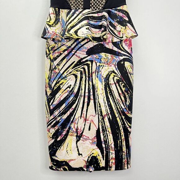 Bebe Bodycon Peplum Lace Neoprene Bright Colorful Midi Dress Sleeveless Black XS - Picture 6 of 16